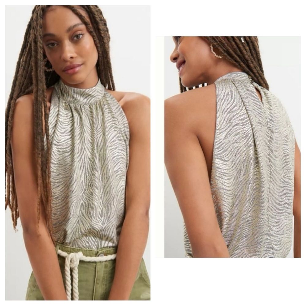 NWT Anthropologie Gold shimmer high neck Halter top zebra print size medium